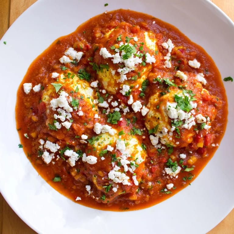 Steaming hot Israeli Shakshuka Eggs, served in a skillet, ready to be enjoyed with warm pita bread.