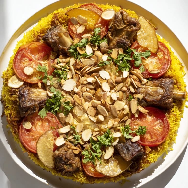 Delicious Maqluba, showcasing tender lamb, fluffy rice, and roasted vegetables in a beautiful presentation, ready to eat.