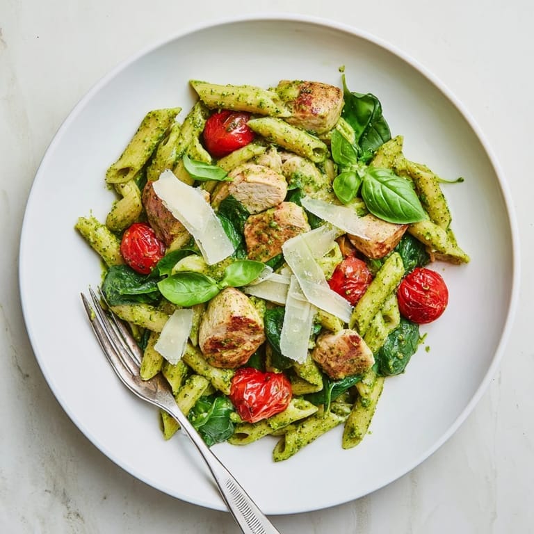 Perfect weeknight dinner: Pesto Chicken Pasta with juicy grilled chicken and fragrant store-bought pesto tossed over pasta.