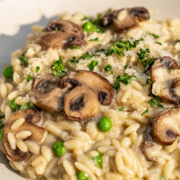 Homemade orzo mushroom risotto-style served alongside a glass of white wine and crusty bread on a rustic table.