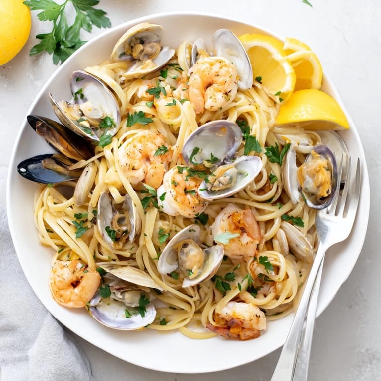 A close-up of Seafood Linguine shows tender shrimp and open-clam shells glistening in a fragrant garlic butter sauce over perfectly cooked linguine.  