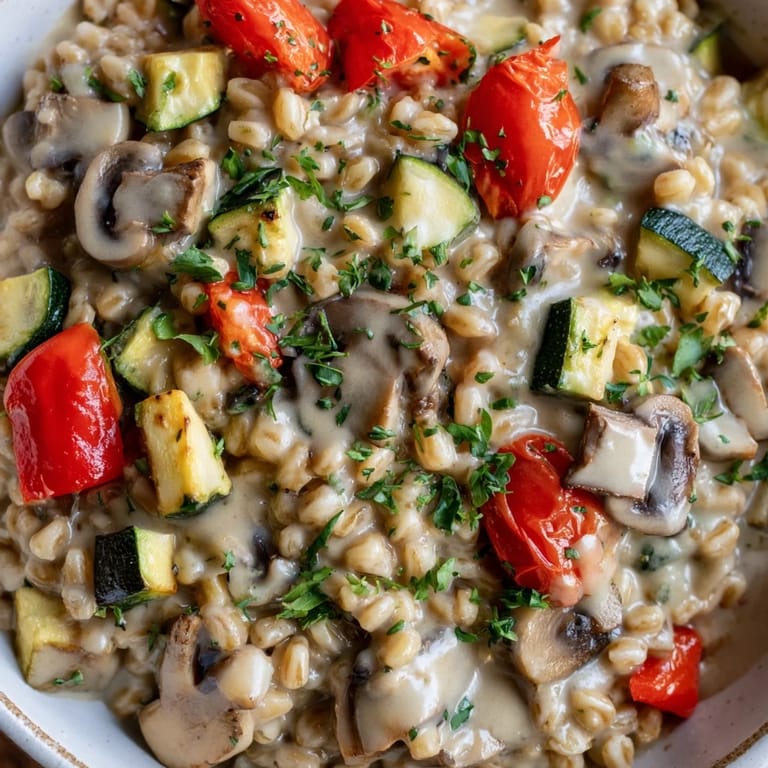 A hearty vegetarian dinner of creamy pearled barley and thyme-roasted vegetables, served warm in a rustic white bowl.