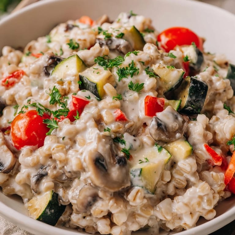 Comforting, nutty pearled barley simmered in broth with garlic and Parmesan, loaded with colorful roasted vegetables for a wholesome meal.