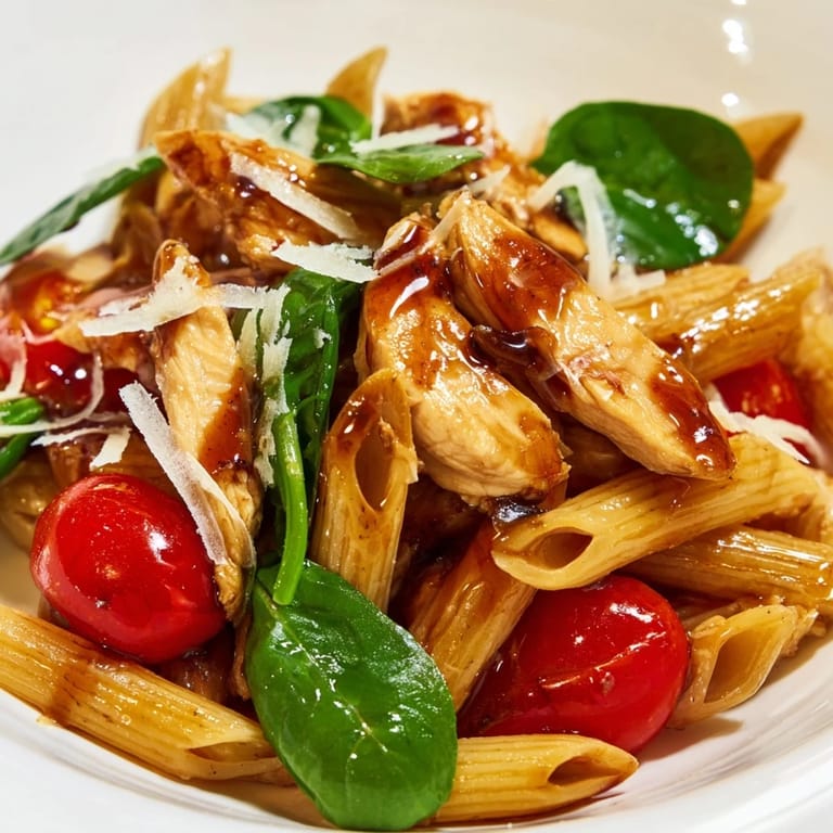 Hearty Italian-inspired dinner featuring al dente pasta coated in a sweet balsamic sauce with sautéed garlic and herbs.