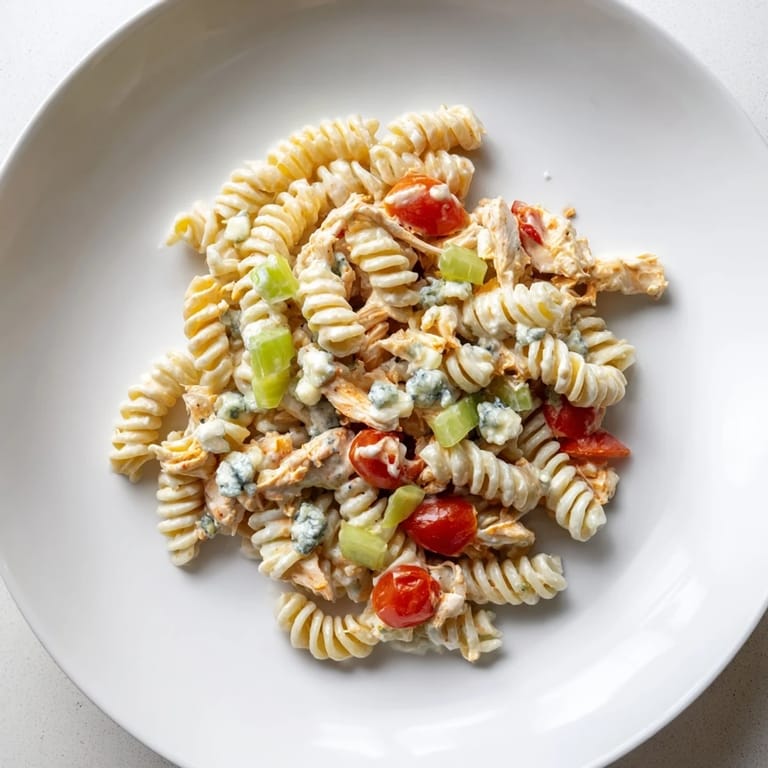 A picnic-ready Buffalo Chicken Pasta Salad served cold, featuring buffalo-coated chicken, red onion, and a refreshing lemon-ranch drizzle.