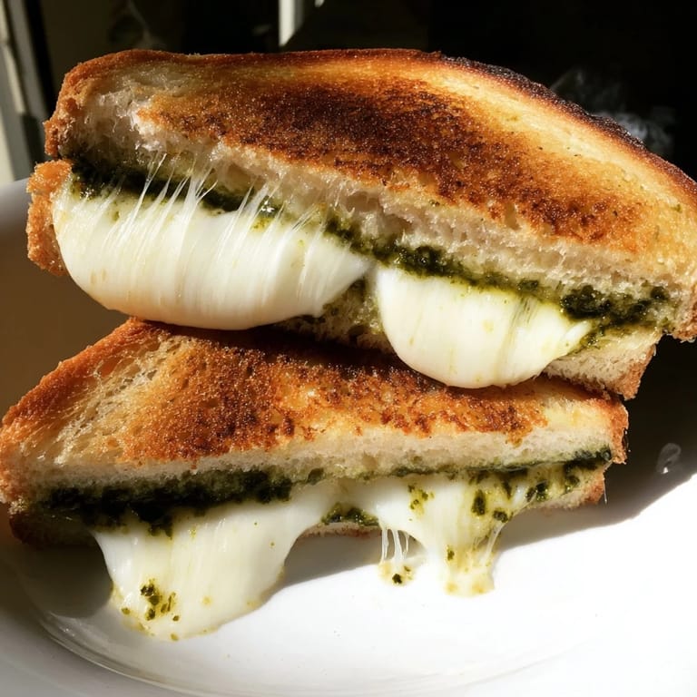 Two halves of a warm Sourdough Pesto Grilled Cheese stacked on a plate, ready to be enjoyed for lunch.