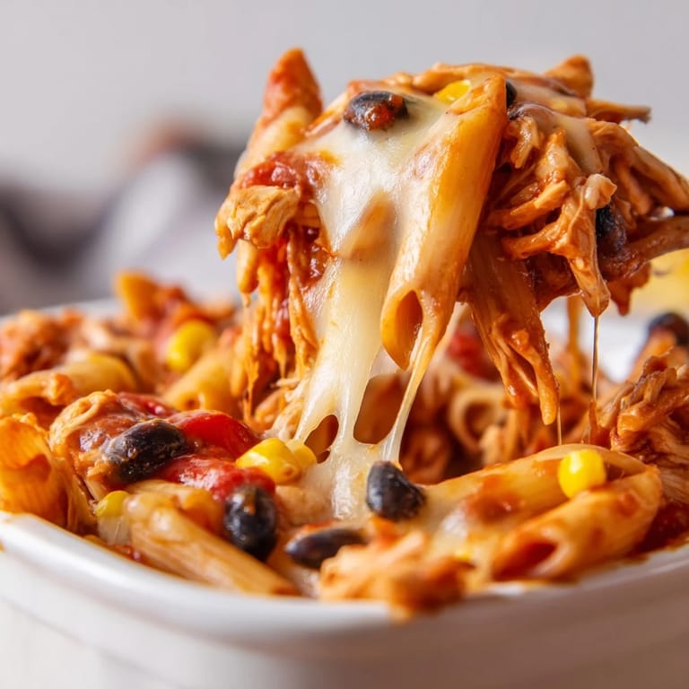 Cheesy Tex-Mex pasta bake featuring shredded chicken, corn, and salsa, served fresh from the oven with garnishes.