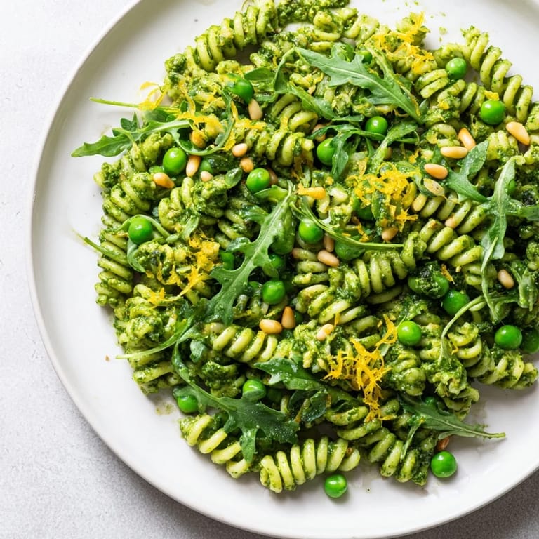 A close-up of Spring Green Pesto Pasta Salad featuring feta cheese crumbles and fresh mint, ready to be enjoyed chilled or at room temperature.