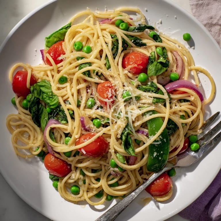Hearty Italian-inspired spaghetti with tender vegetables, ready to serve from a rustic pot.