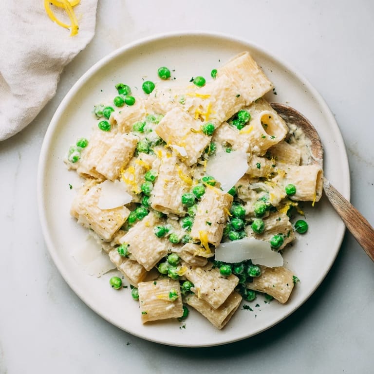 Tender green peas and grated Parmesan add flavor to a bowl of Pea & Lemon Ricotta Pasta, garnished with basil and lemon zest.