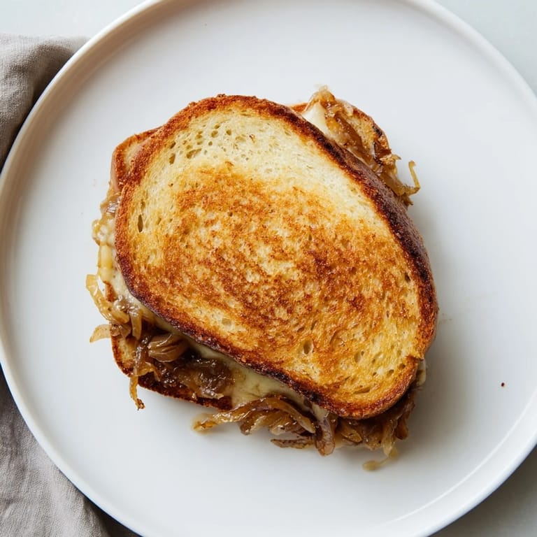 This gourmet Caramelized Onion & Gruyère Grilled Cheese is paired with a green salad on a rustic wooden table, highlighting the toasted exterior.