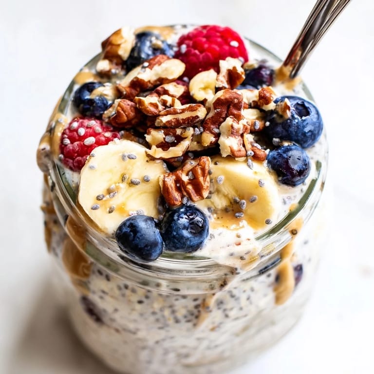A close-up view of Overnight Oats With Chia Seeds topped with crunchy almonds and a drizzle of honey, highlighting the thick, chilled texture.  