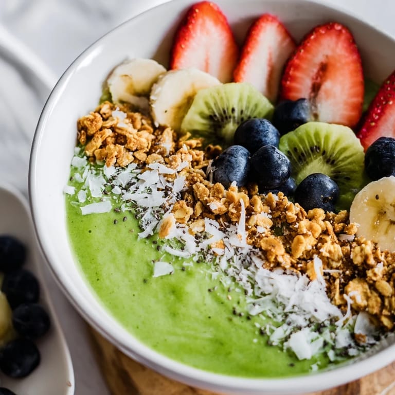 A close-up of a creamy spinach smoothie bowl drizzled with honey and garnished with sliced banana.