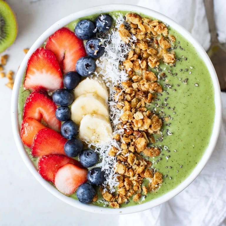 Nutrient-packed green smoothie bowl served in a ceramic bowl with a spoon, perfect for a healthy breakfast.