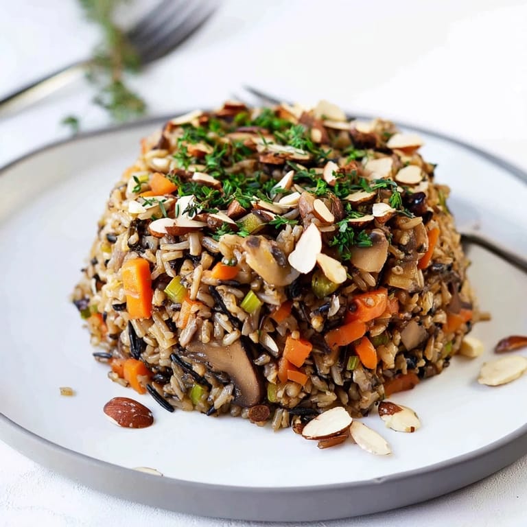 Close-up of a warm Wild Rice and Mushroom Pilaf, highlighting fluffy grains and golden sautéed mushrooms.