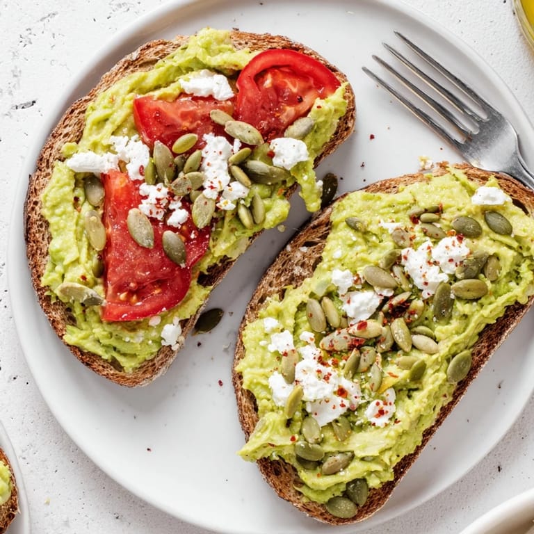 Hearty avocado toast on whole grain bread garnished with crumbled feta and crunchy pumpkin seeds.