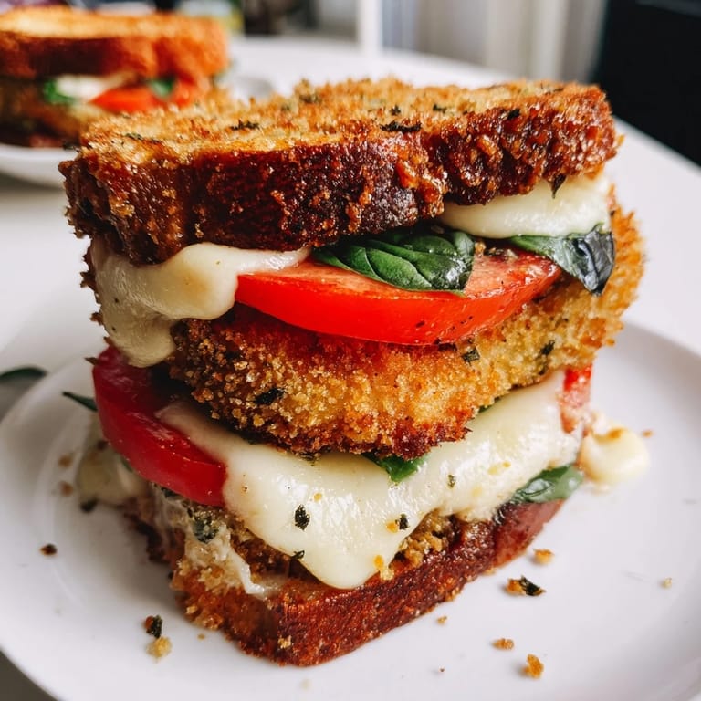 The crispy chicken caprese sandwich is assembled with fresh basil leaves and a drizzle of balsamic glaze, ready to serve.  