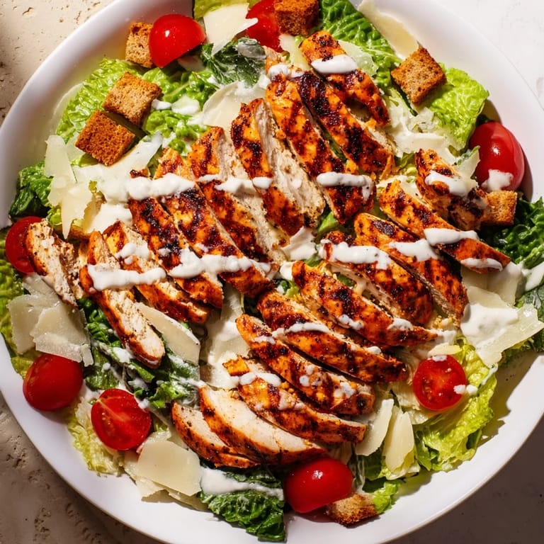 Creamy homemade yogurt Caesar dressing drizzled over tender grilled chicken and crunchy croutons in this salad.