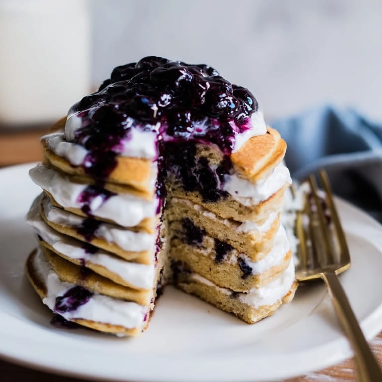 A close-up of Protein Power Pancakes topped with Greek yogurt and sliced bananas, ready for a high-protein American breakfast.