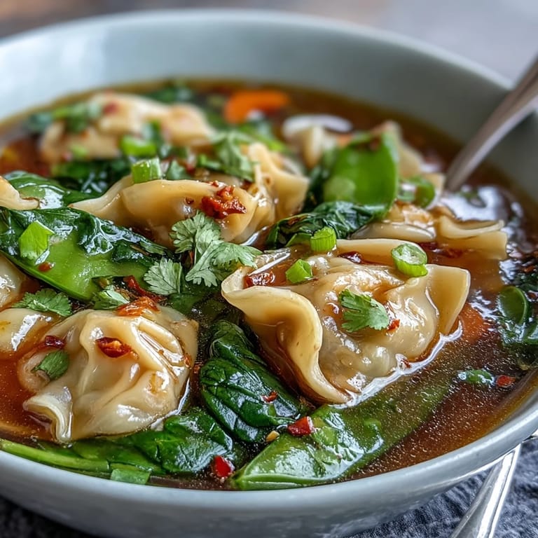 Close-up of Red Curry Wonton Soup With Greens topped with fresh cilantro and chili slices, served hot with lime wedges on the side.