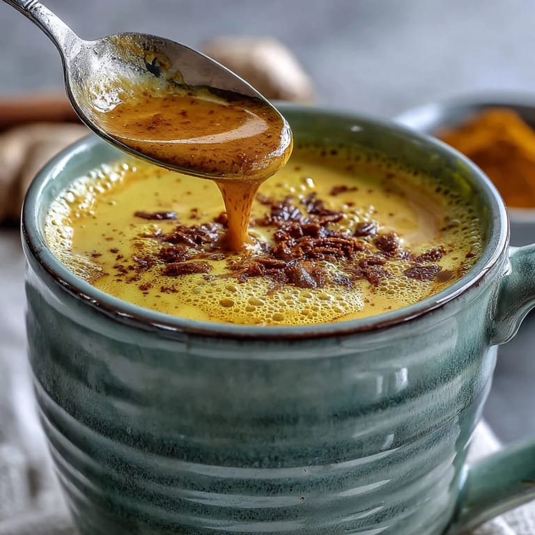Vivid golden-hued Turmeric and Ginger Golden Milk in a rustic mug, topped with a light dusting of cinnamon.