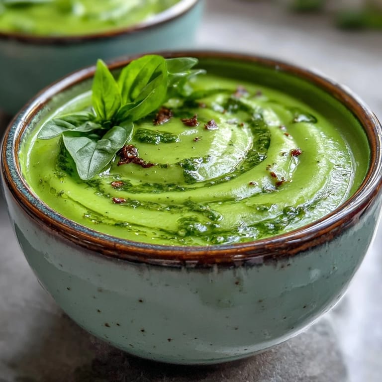 Spoon-ready Courgette, Pea and Pesto Soup paired with crusty bread on a linen napkin.