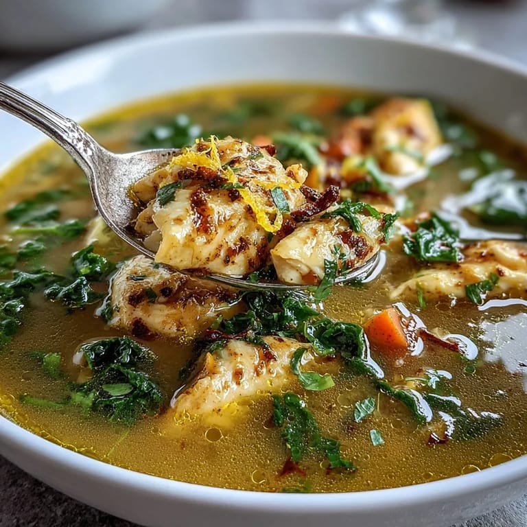 A close-up of High Protein Lemon and Turmeric Chicken Soup garnished with fresh parsley and lemon wedges beside a piece of crusty bread.