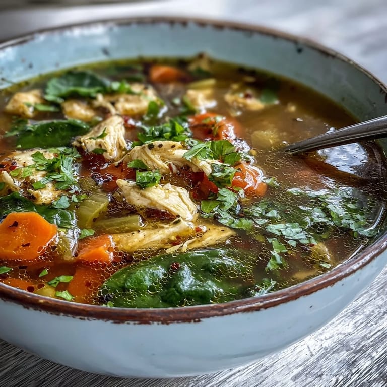 Close-up of a steaming bowl of turmeric chicken soup with fresh herbs on top.