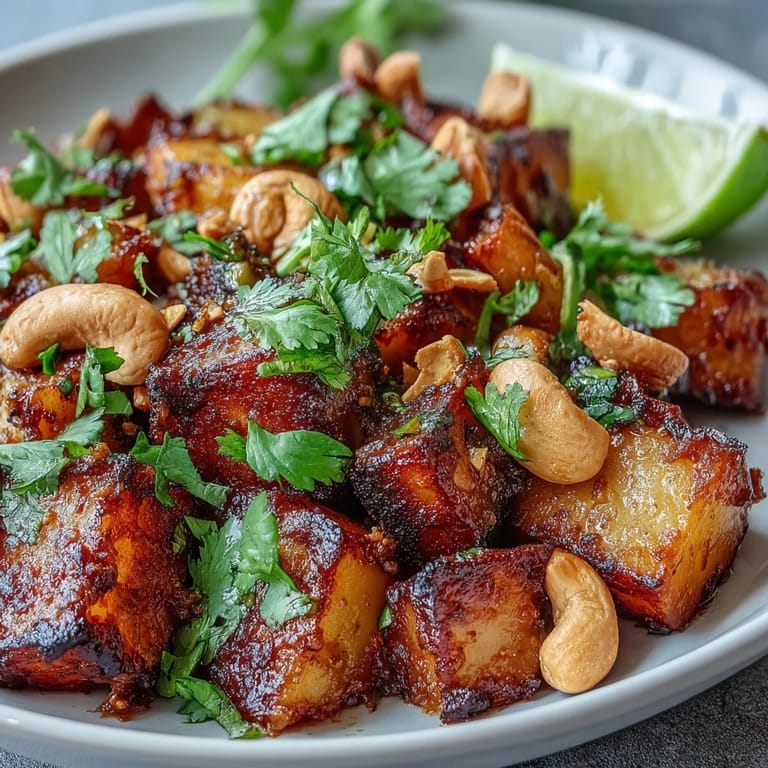 A hearty Curried Celeriac served steaming hot in a rustic bowl, with toasted cashews scattered on top and a side of fluffy rice.