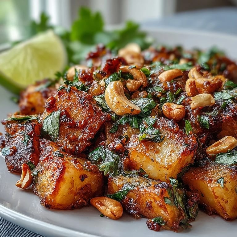 Vibrant Curried Celeriac plated as a side dish, featuring tender celeriac cubes in a rich golden sauce with a sprinkle of fresh cilantro.