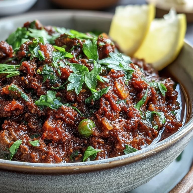 Spiced Venison Keema Curry with tender meat and green peas is ready to eat with naan bread.