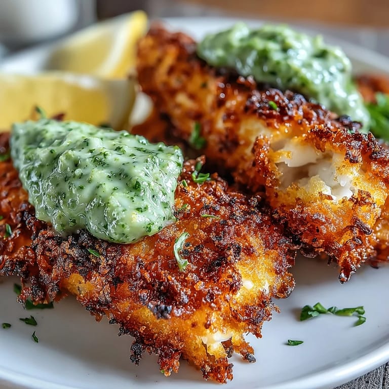 Crispy Panko and Parmesan crusted Haddock Goujons With Pea Pesto are served over fresh salad greens for a delicious pescatarian dinner.