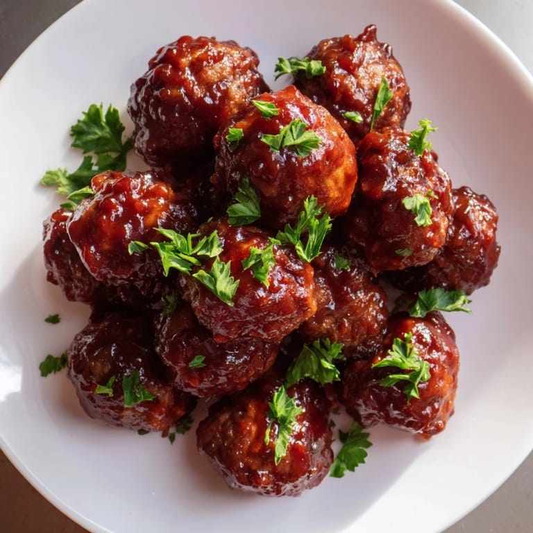 These savory cherry BBQ meatballs simmer in a slow cooker, offering an easy weeknight meal at home.