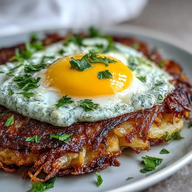 Crisp celeriac hash browns with creamy harissa sauce and sunny-side-up eggs for a savory brunch.