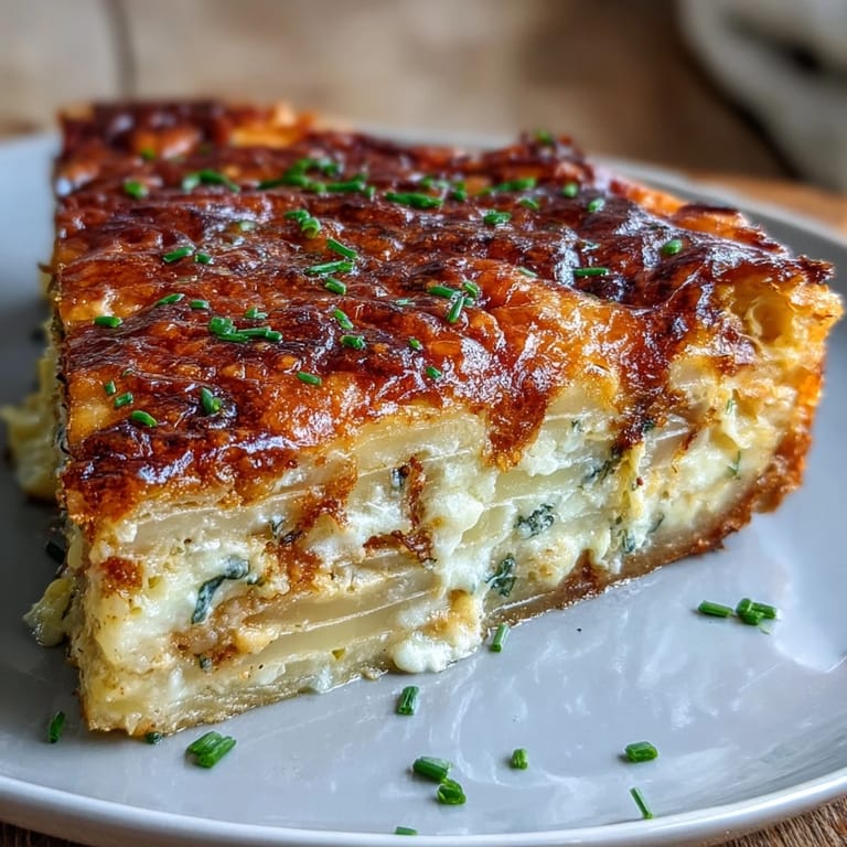 Slice of rich Cheese and Potato Pie served alongside fresh arugula salad for a hearty vegetarian meal.
