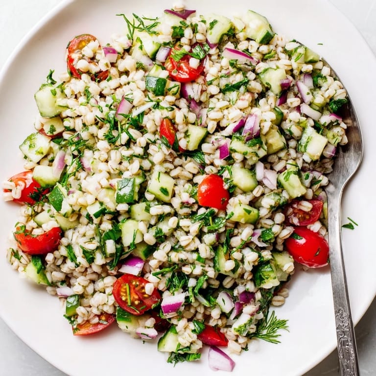 Chilled barley and herb salad topped with cherry tomatoes and feta, ready to serve as a bright vegetarian side or light lunch.
