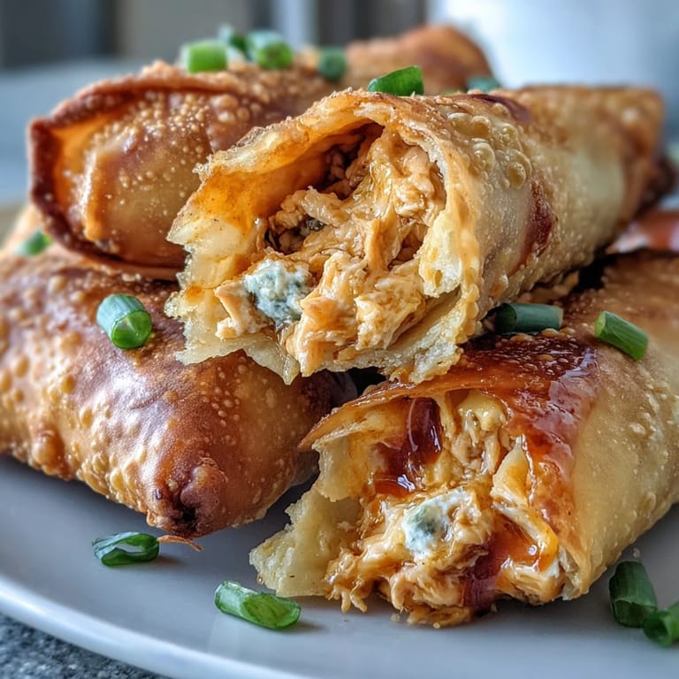Crispy fried Buffalo Chicken Dip Egg Rolls with a side of blue cheese dressing and fresh celery sticks on a rustic table.