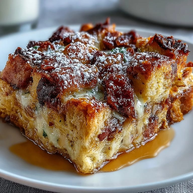 Monte Cristo Breakfast Casserole with fluffy eggs, ham, turkey, and Swiss cheese topped with maple syrup and berries.