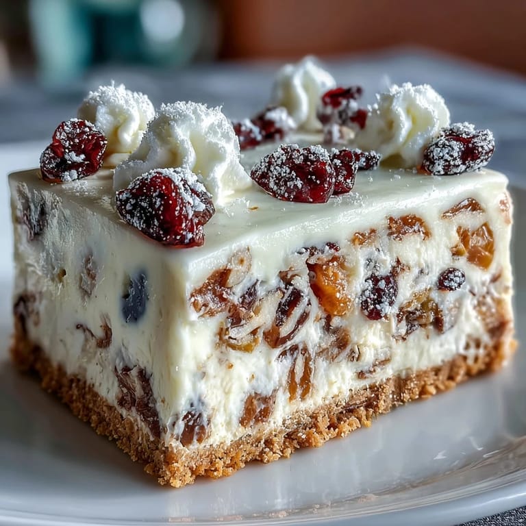 Freshly baked Christmas Cheesecake Slab dusted with powdered sugar and topped with fluffy whipped cream swirls.