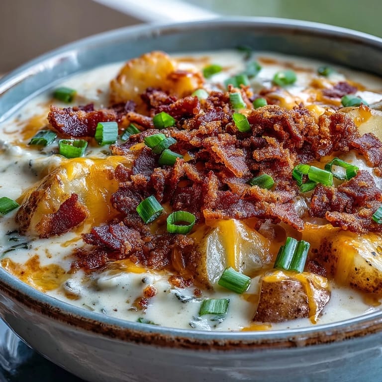 Chunky Loaded Potato Soup served with shredded cheddar and bacon crumbles, paired with warm crusty bread on the side.