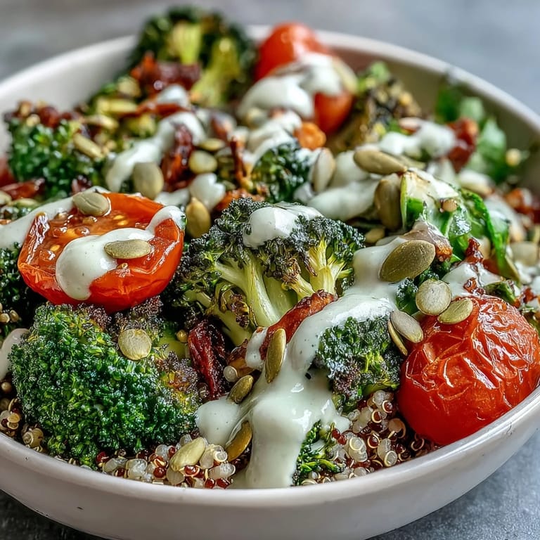 Hearty quinoa grains base this colorful Vegetable and Legume Bowl, packed with smoky broccoli, peppers, lentils, and crunchy pumpkin seeds.