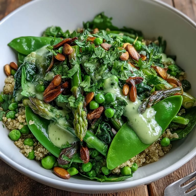 Colorful Spring Green Bowl garnished with seeds, fresh herbs, and creamy feta, served ready to eat for lunch.