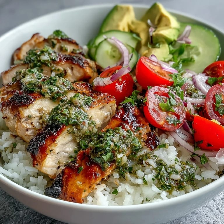 Sliced chimichurri chicken over rice with avocado and veggies, served with lime wedges.