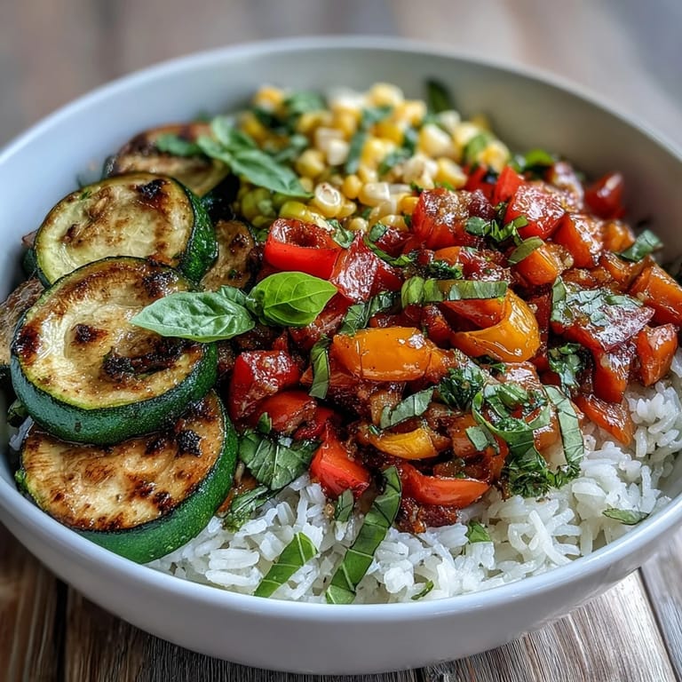Colorful bowl of summer vegetables like zucchini, tomatoes, and corn over rice, finished with basil for a light, fresh dinner.