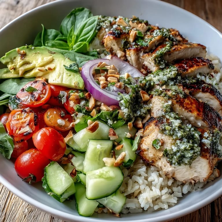 Served Pesto Chicken Bowl with a colorful medley of cucumber, spinach, and red onion on fluffy jasmine rice.