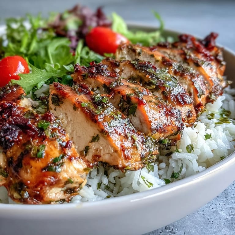 Freshly prepared Mediterranean-inspired Sun-Dried Tomato Chicken Bowl topped with cherry tomatoes and pine nuts.