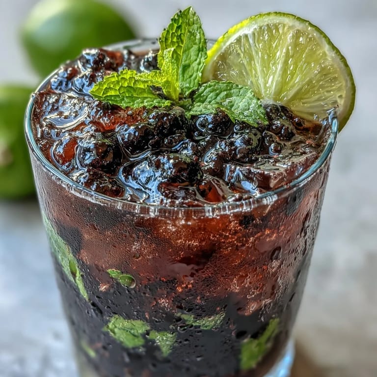 A close-up view of a Black Currant Mojito, showing a bar spoon stirring the deep purple drink with soda bubbles rising to the top.