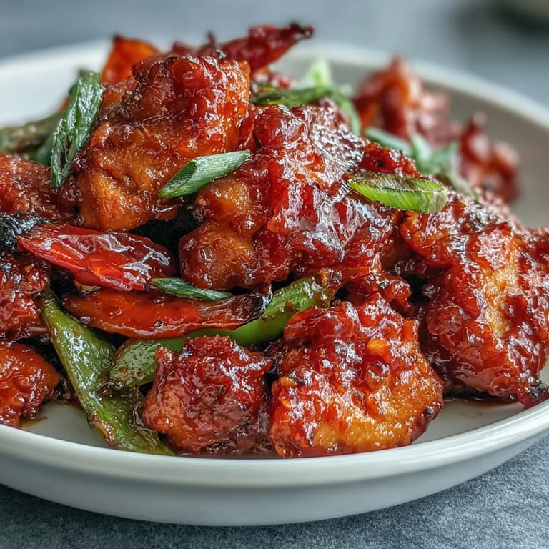 A close-up of Spicy Sweet Chicken Diablo garnished with green onions and sesame seeds, steaming on a dinner plate.