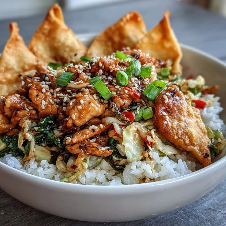 Savory ground chicken and crisp cabbage mixture in Crispy Baked Egg Roll Chicken Bowls, finished with sesame seeds and green onions.