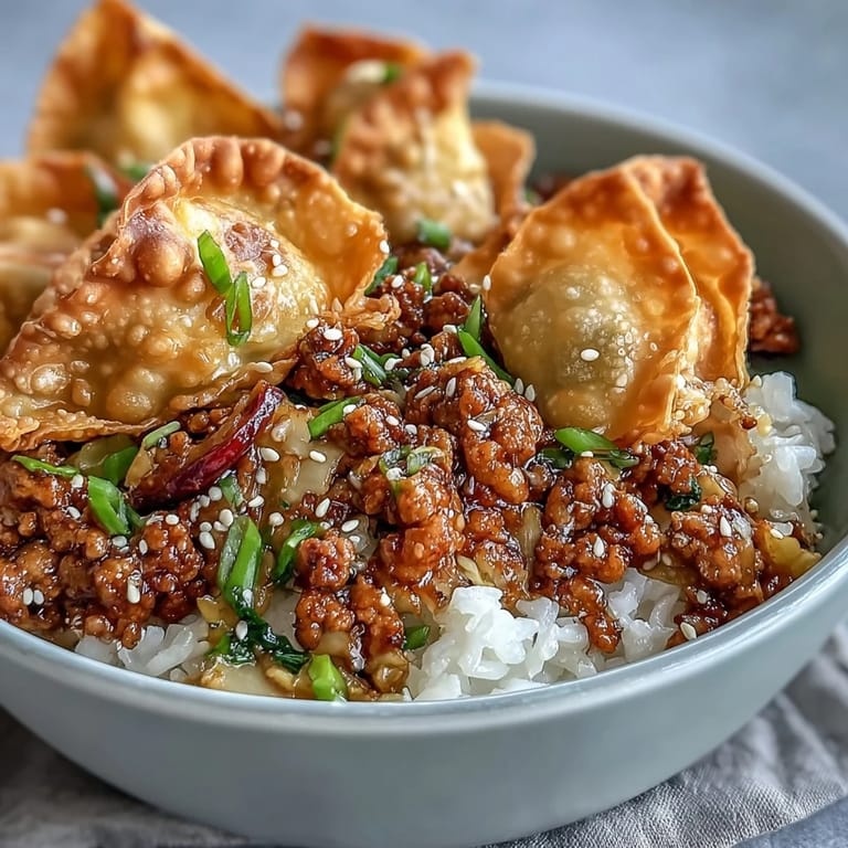 A steaming bowl of Crispy Baked Egg Roll Chicken Bowls with sautéed vegetables, perfect for a quick weeknight dinner.